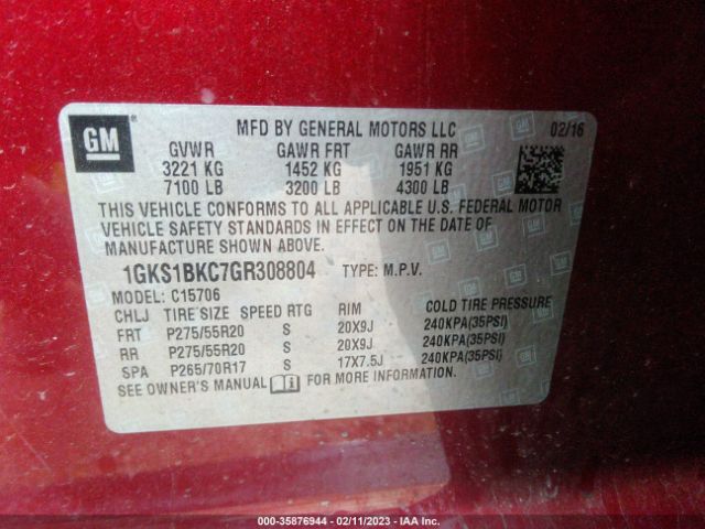 1GKS1BKC7GR308804 GMC YUKON SLT