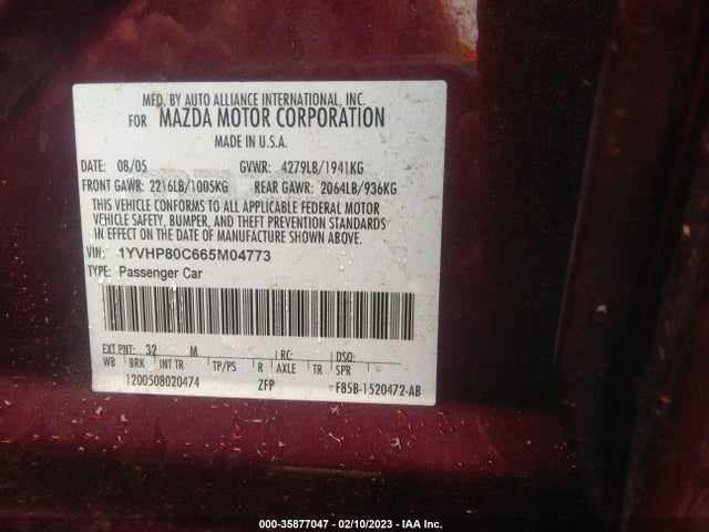 2006 MAZDA MAZDA6 SPORT I VIN: 1YVHP80C665M04773