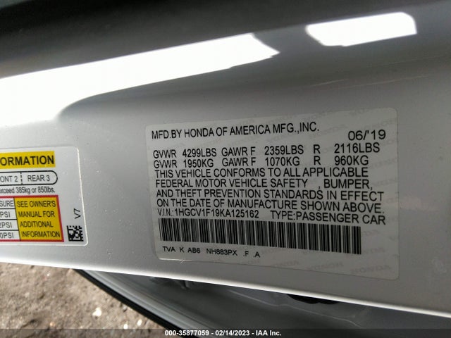2019 HONDA ACCORD SEDAN LX 1.5T VIN: 1HGCV1F19KA125162