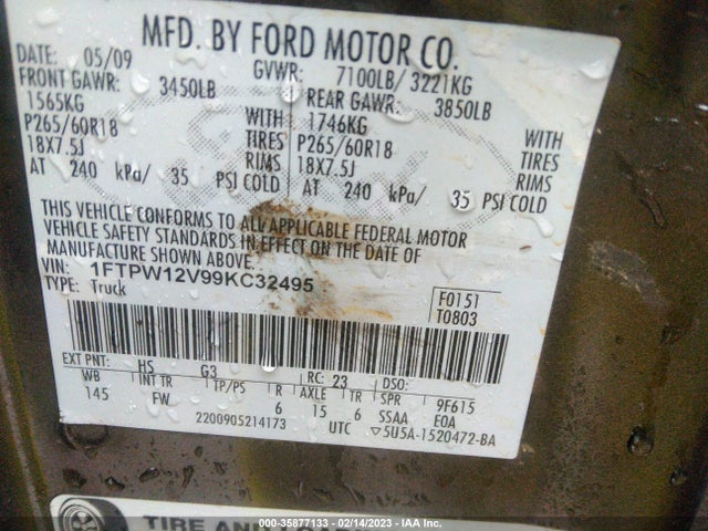 2009 FORD F-150 XL/LARIAT VIN: 1FTPW12V99KC32495