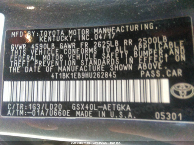 2017 Toyota Avalon, VIN: 4T1BK1EB9HU262845