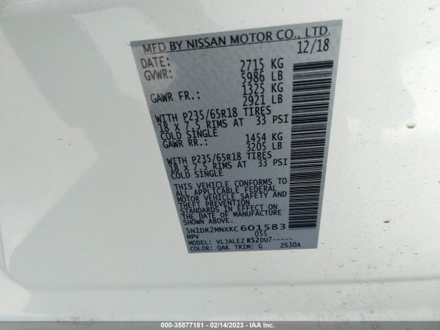 Nissan Pathfinder Sv 2019 5N1DR2MNXKC601583 Image 10