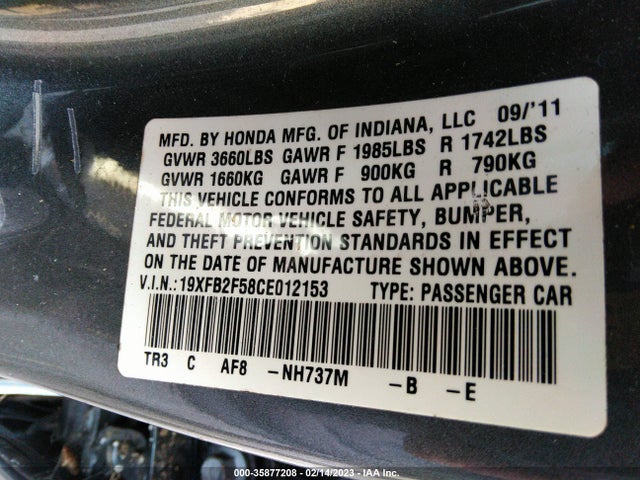 2012 HONDA CIVIC SDN LX VIN: 19XFB2F58CE012153