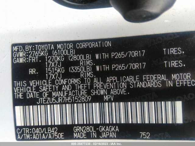 Toyota 4runner Sr5/sr5 Premium/limited 2017 JTEZU5JR7H5152809 Image 10