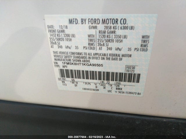 2019 FORD EXPLORER PLATINUM VIN: 1FM5K8HT1KGA90505