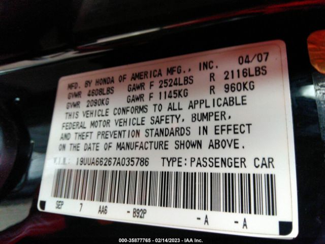 2007 ACURA TL VIN: 19UUA66267A035786