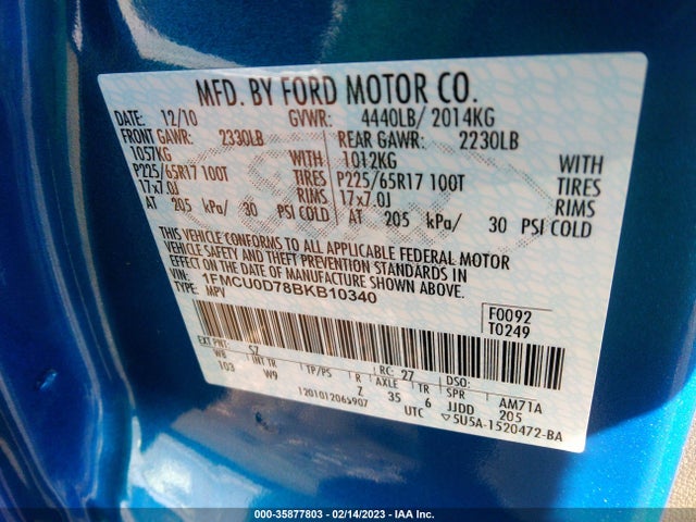 2011 FORD ESCAPE XLT VIN: 1FMCU0D78BKB10340