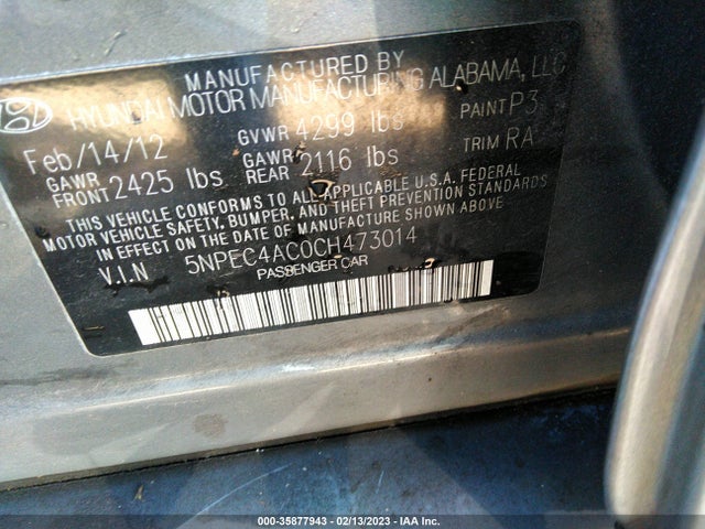 2012 HYUNDAI SONATA 2.4L LIMITED PZEV VIN: 5NPEC4AC0CH473014