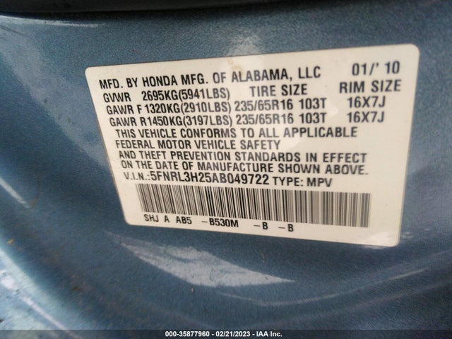 2010 HONDA ODYSSEY LX VIN: 5FNRL3H25AB049722