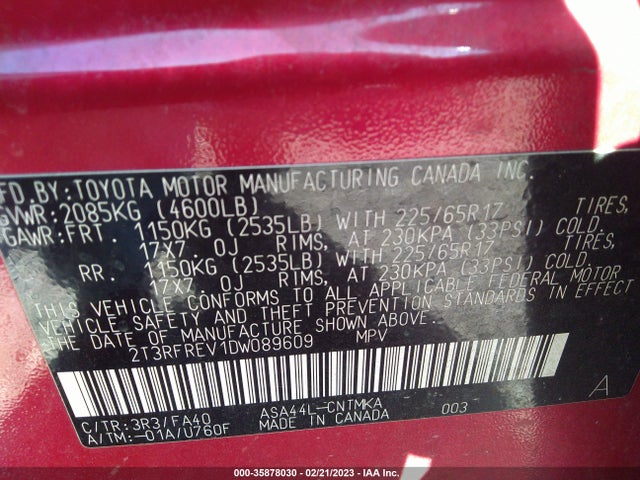 2013 TOYOTA RAV4 XLE VIN: 2T3RFREV1DW089609