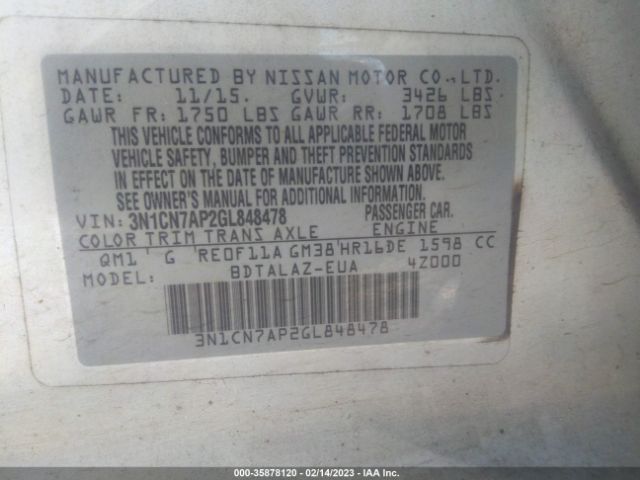 3N1CN7AP2GL848478 Nissan Versa S Plus
