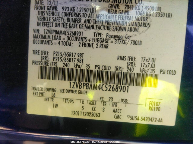 2012 FORD MUSTANG V6 VIN: 1ZVBP8AM4C5268901