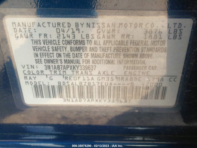 2019 NISSAN SENTRA S VIN: 3N1AB7APXKY339637