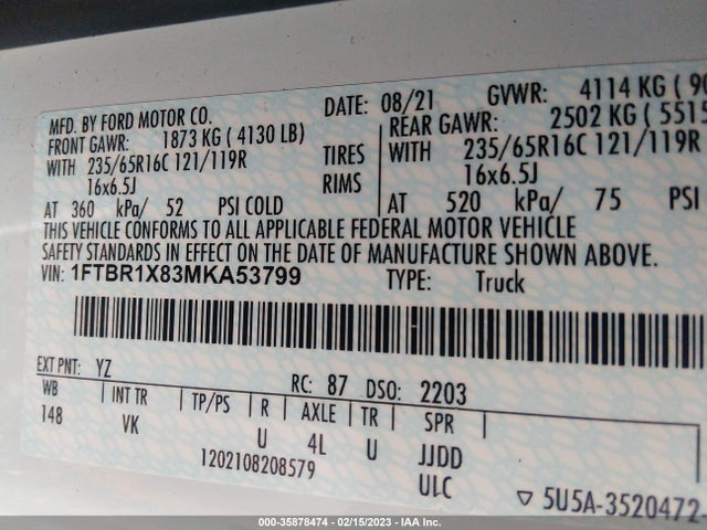 2021 Ford Transit, VIN: 1FTBR1X83MKA53799