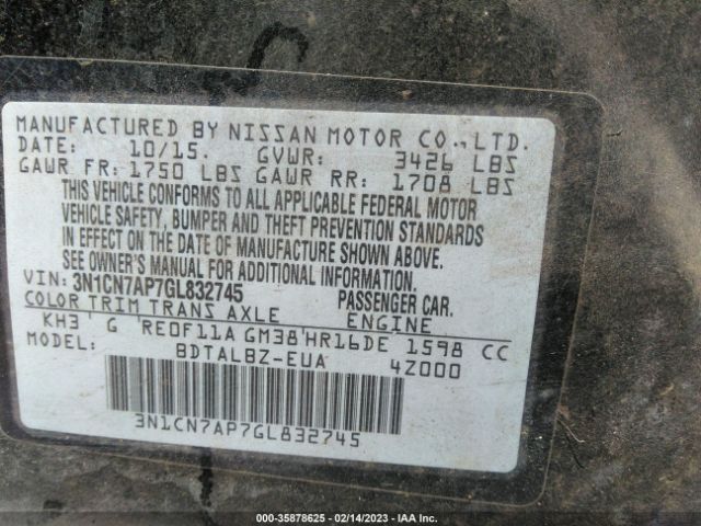 3N1CN7AP7GL832745 Nissan Versa S/s Plus/sl/sv