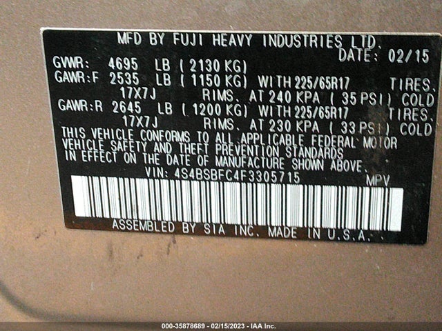 2015 Subaru Outback, VIN: 4S4BSBFC4F3305715