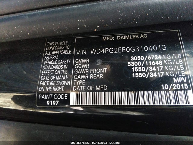2016 MERCEDES-BENZ METRIS PASSENGER VAN VIN: WD4PG2EE0G3104013