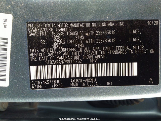2021 Toyota Highlander, VIN: 5TDZARAH7MS005762