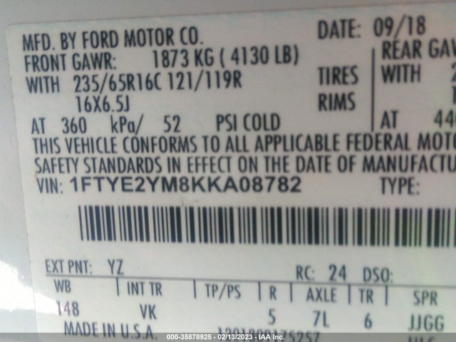 2019 Ford Transit, VIN: 1FTYE2YM8KKA08782