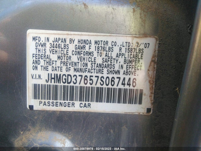 2007 HONDA FIT SPORT VIN: JHMGD37657S067446