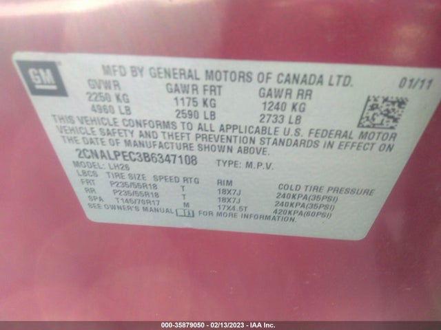 2011 CHEVROLET EQUINOX LT W/2LT VIN: 2CNALPEC3B6347108