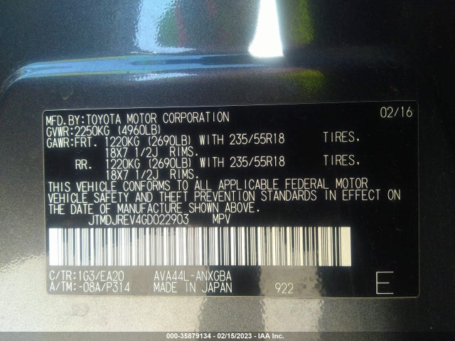 2016 Toyota RAV4, VIN: JTMDJREV4GD022903