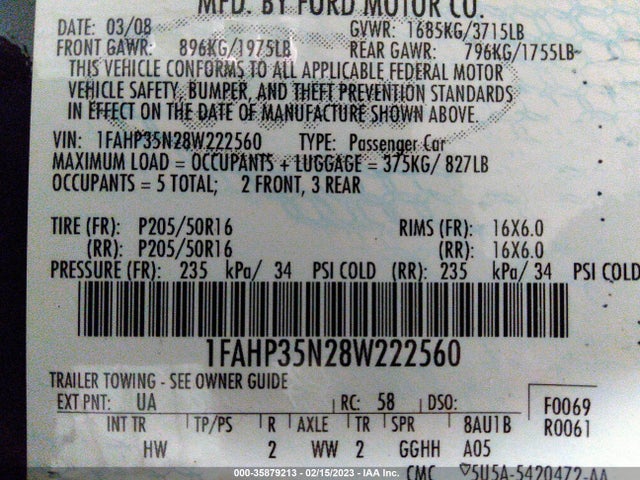 2008 FORD FOCUS SE/SES VIN: 1FAHP35N28W222560