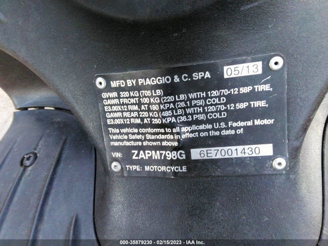 2014 PIAGGIO FLY 150 VIN: ZAPM798G6E7001430