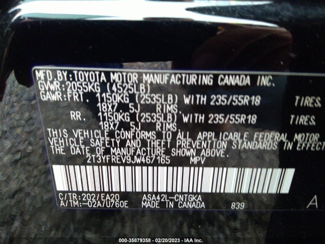 2018 TOYOTA RAV4 LIMITED/PLATINUM VIN: 2T3YFREV9JW467165