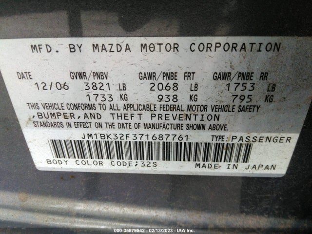 2007 MAZDA MAZDA3 I TOURING VIN: JM1BK32F371687761