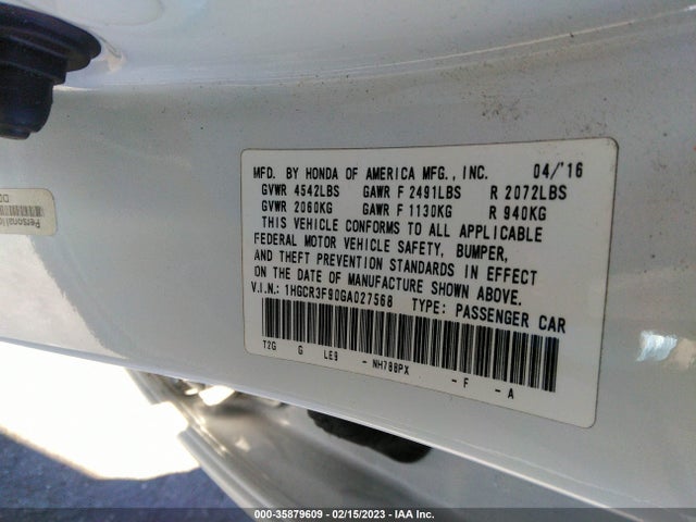 35879609 :رقم المزاد ، 1HGCR3F90GA027568 vin ، 2016 Honda Accord Sedan Touring مزاد بيع