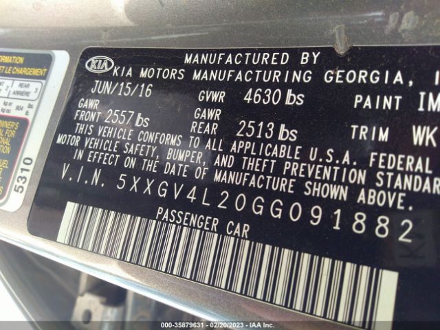 5XXGV4L20GG091882 KIA Optima Sxl Turbo