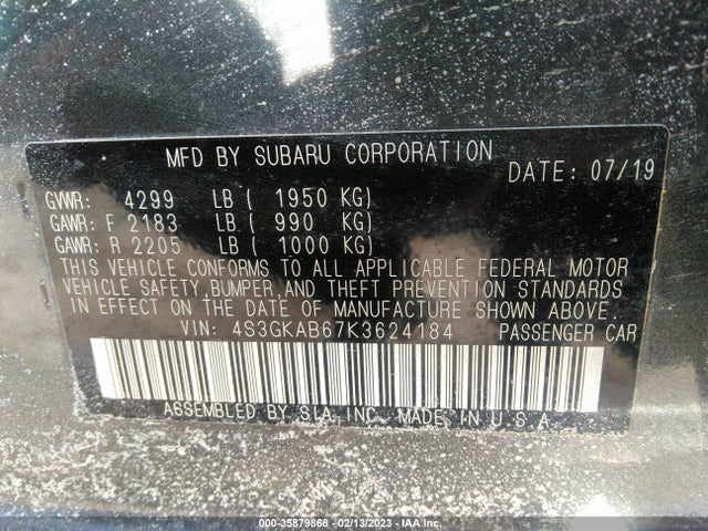 Aukcja sprzedaży 2019 Subaru Impreza, vin: 4S3GKAB67K3624184, numer aukcji: 35879868