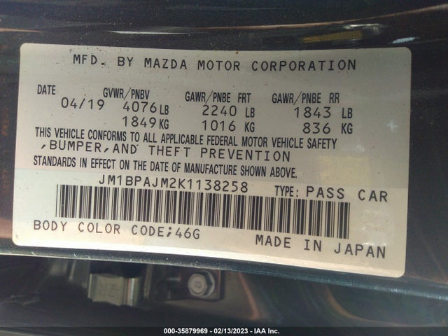 2019 Mazda 3, VIN: JM1BPAJM2K1138258