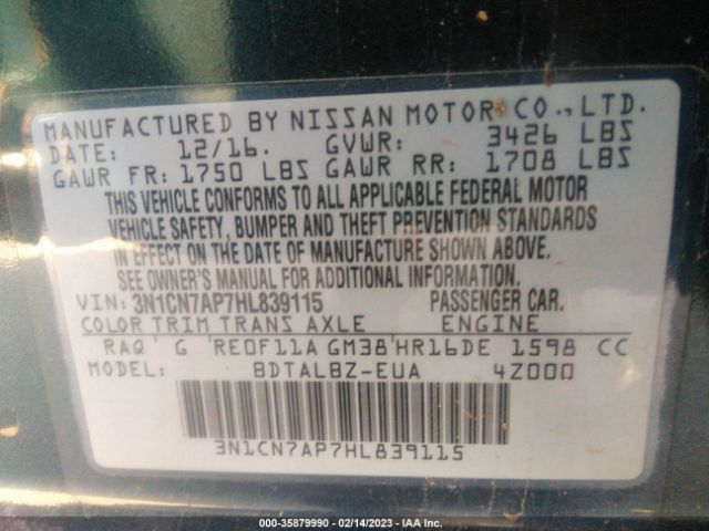 3N1CN7AP7HL839115 Nissan Versa Sedan Sv