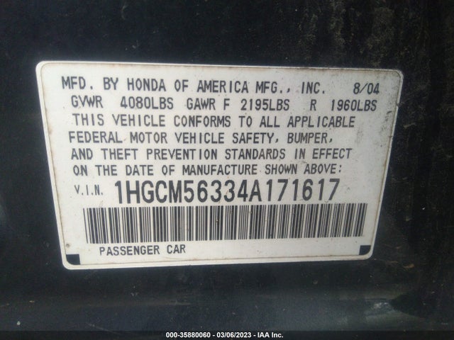2004 HONDA ACCORD SDN LX VIN: 1HGCM56334A171617