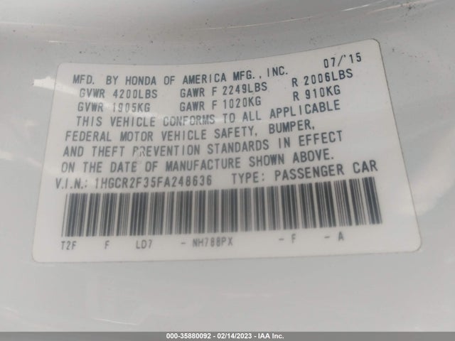 Honda Accord Sedan Lx 2015 1HGCR2F35FA248636 Image 9
