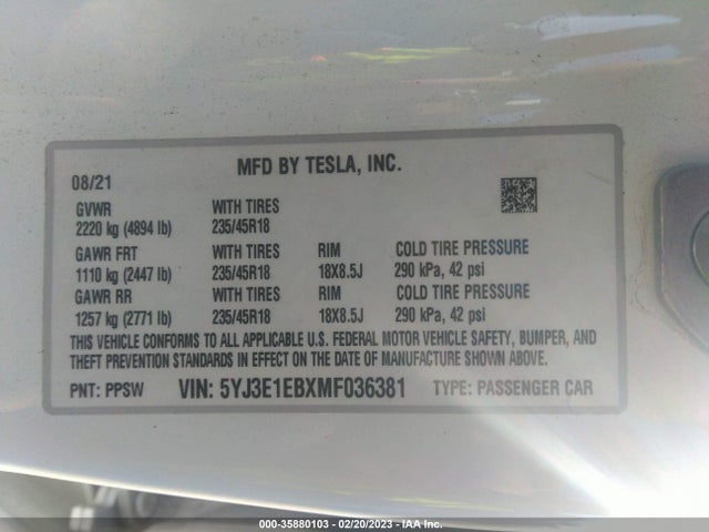 Tesla MODEL 3 2021 5YJ3E1EBXMF036381 Image 10