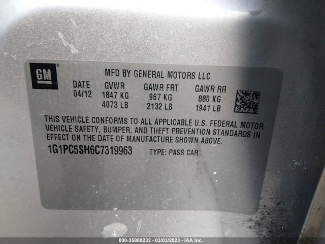 2012 CHEVROLET CRUZE LS VIN: 1G1PC5SH6C7319963