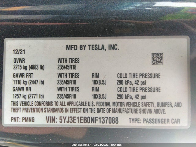 Tesla Model 3 Long Range 2022 5YJ3E1EB0NF137088 Image 9