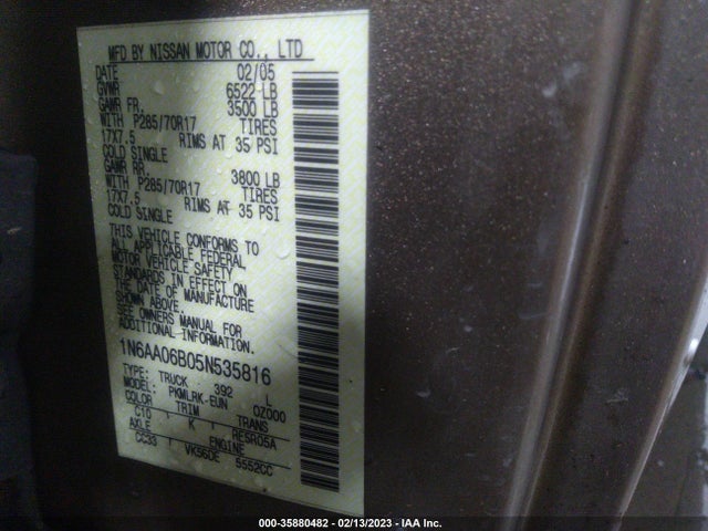 Nissan TITAN XE 2005 1N6AA06B05N535816 Image 10