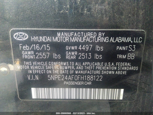 2015 HYUNDAI SONATA 2.4L SE VIN: 5NPE24AF0FH188122