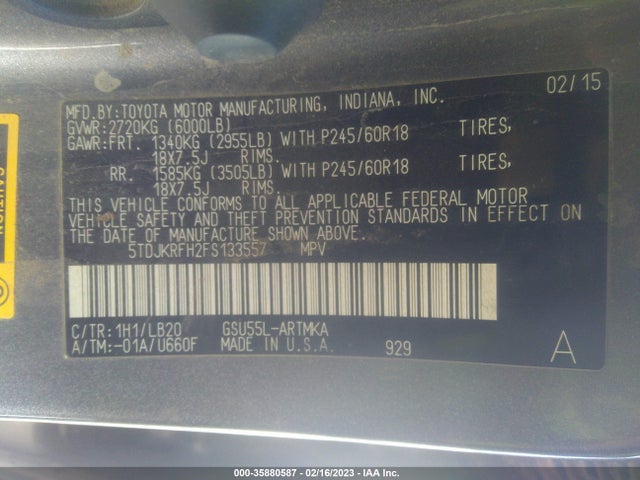 Toyota Highlander Xle 2015 5TDJKRFH2FS133557 Image 10