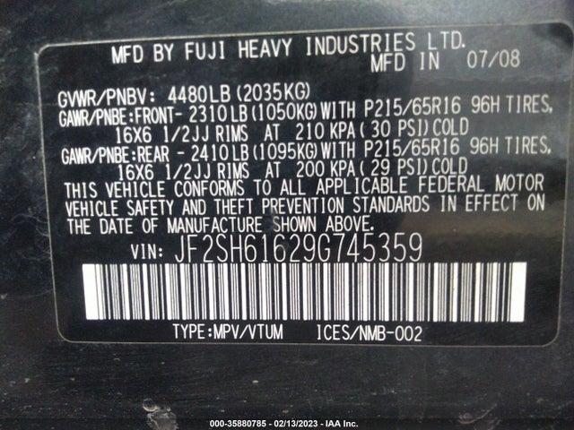 JF2SH61629G745359 Subaru FORESTER X
