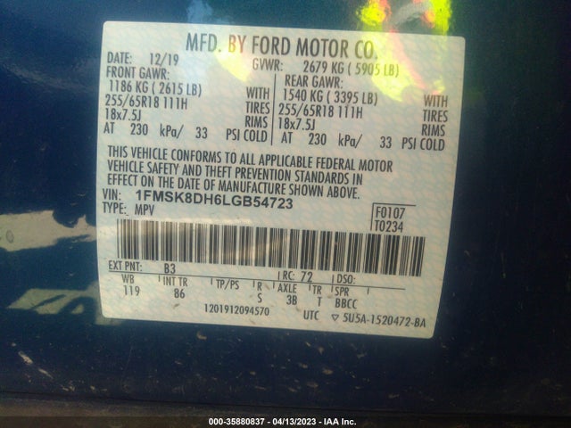 Ford EXPLORER XLT 2020 1FMSK8DH6LGB54723 Image 9