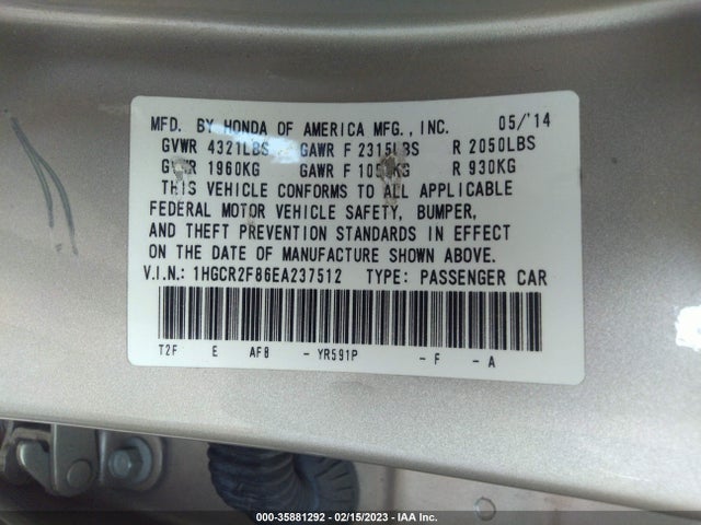 2014 HONDA ACCORD SEDAN EX-L VIN: 1HGCR2F86EA237512
