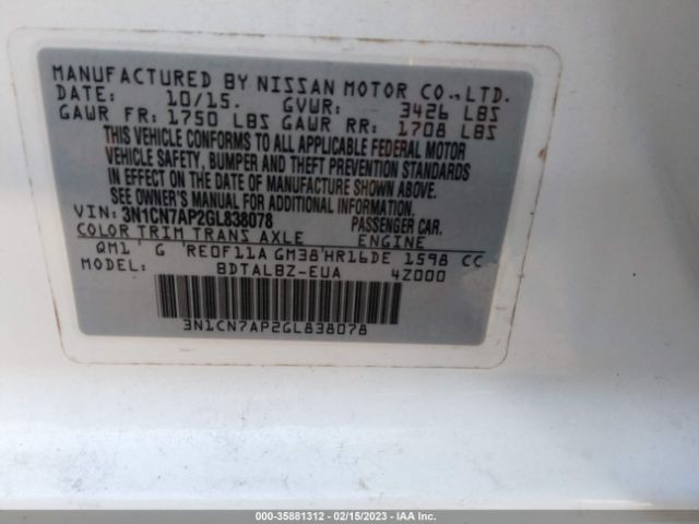 3N1CN7AP2GL838078 Nissan Versa S/s Plus/sl/sv