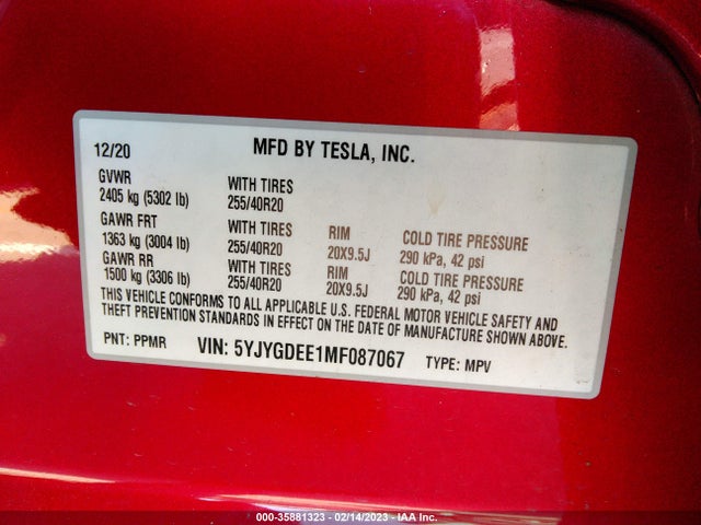 Tesla Model Y Long Range 2021 5YJYGDEE1MF087067 Image 10