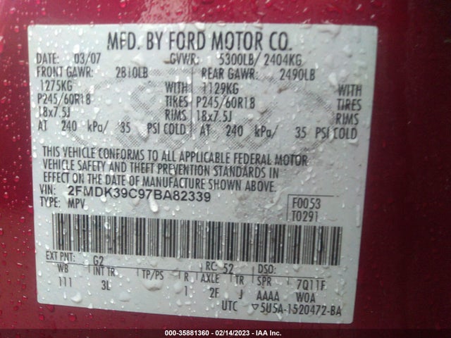 2007 FORD EDGE SEL PLUS VIN: 2FMDK39C97BA82339