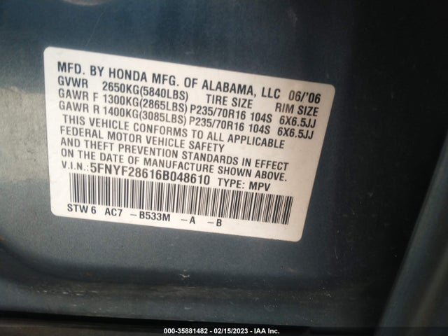 2006 HONDA PILOT EX-L WITH RES VIN: 5FNYF28616B048610